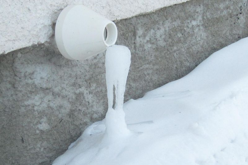 A white plastic furnace exhaust vent on a foundation wall, with an icicle hanging from it down into snow